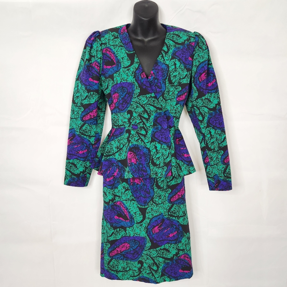 VTG 80's Adolph Schuman For Lilli Ann Vibrant Skirt Suit Set Sz 0/2